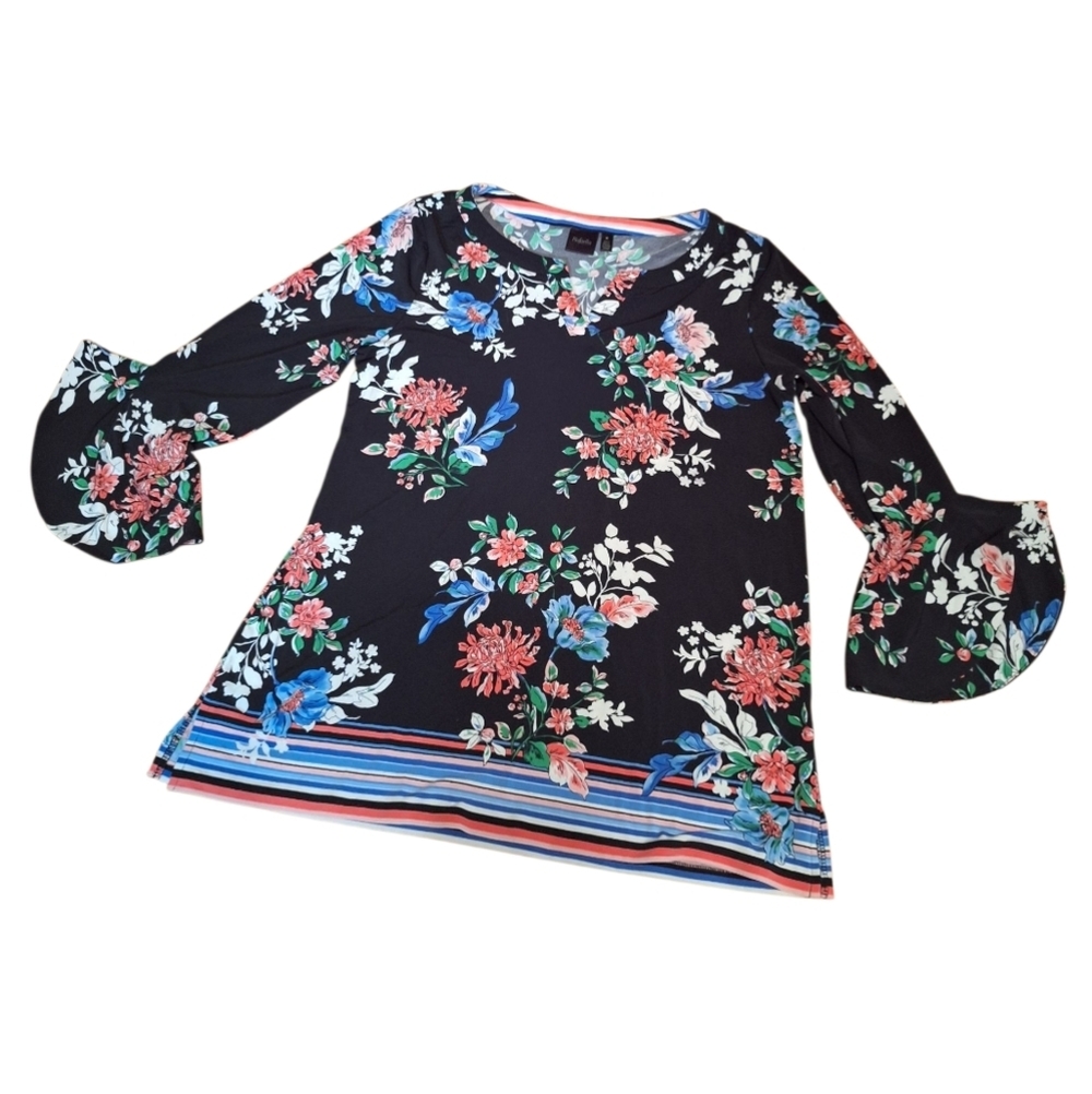 Rafaella Black Floral Patterned Blouse Ladies Medium Shabby Dark Garden Modest - Picture 2 of 3